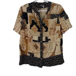 Vintage Miss Alliage Womens Button Up Shirt Khaki Black Safari Linen Blend 16